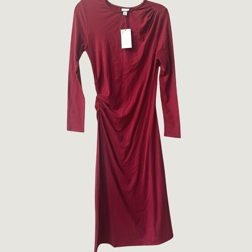 A New Day Long Sleeve Midi Bodycon Dress Womens Small Deep Red NWT Ruched